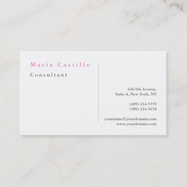 Modern Elegant Pink White Minimalist Plain Business Card (Front)