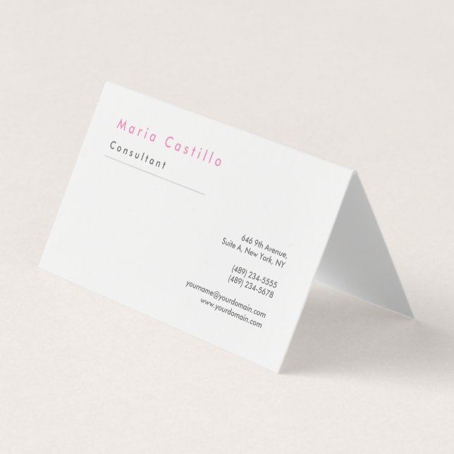 Modern Elegant Pink White Minimalist Plain Business Card (Front)