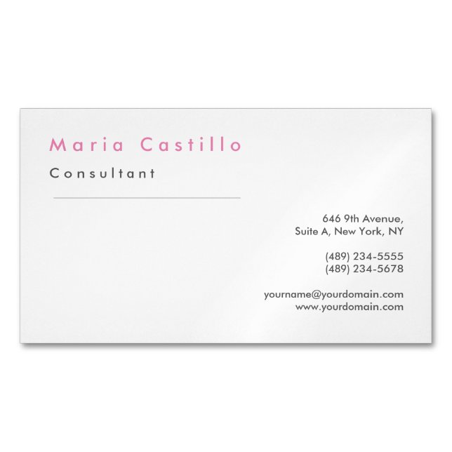 Modern Elegant Pink White Minimalist Plain Magnetic Business Card (Front)