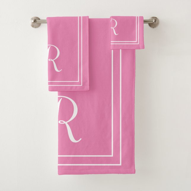 Modern Elegant Pink & White Monogram Bath Towel Set (Insitu)
