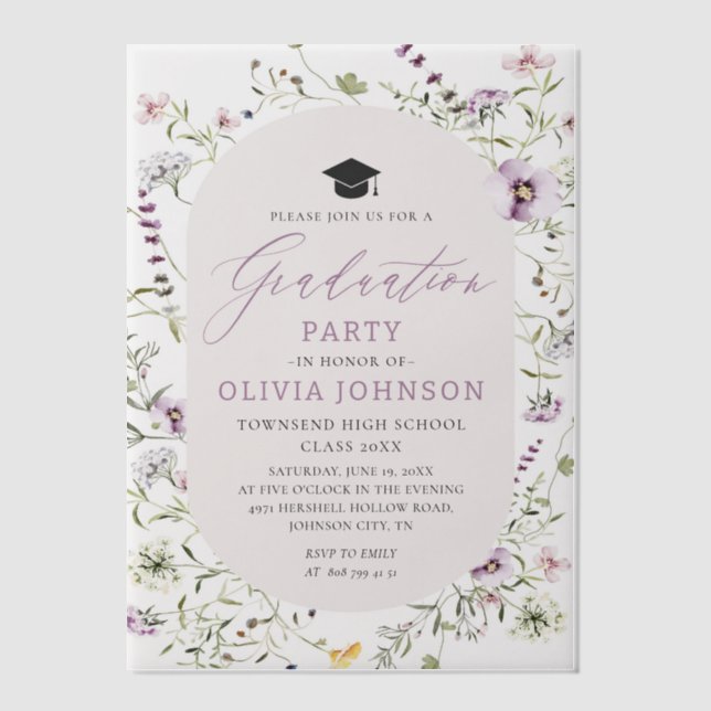Modern Elegant Pink Wildflower Graduation Party Vellum Invitations (Front)
