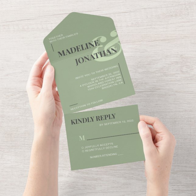 Modern Elegant Plain Sage Green Bold Wedding RSVP All In One Invitation (Tearaway)