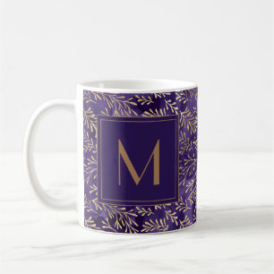 Modern Elegant Plum Purple Gold Leaves Monogram Coffee Mug