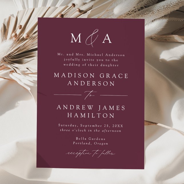Modern Elegant Plum Purple Monogram Wedding Invitation (Creator Uploaded)