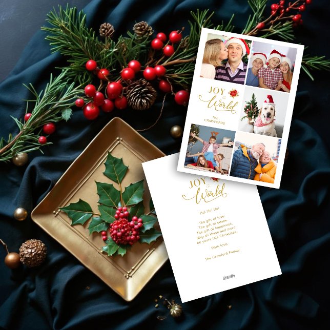 Modern Elegant Poinsettias Collage 5 Photos Family Holiday Card (Elegant Modern Poinsettia Collage Five Photo Family Christmas Holiday Cards.)