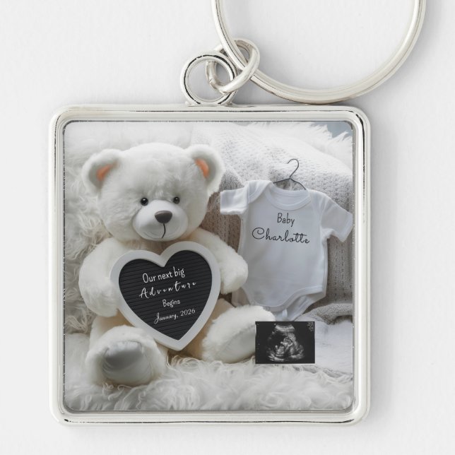 Modern Elegant Pregnancy Announcement Keepsake  Key Ring (Front)