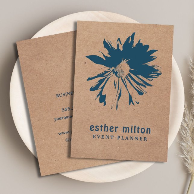 Modern Elegant Printed Kraft Blue Floral Business Card (Creator Uploaded)