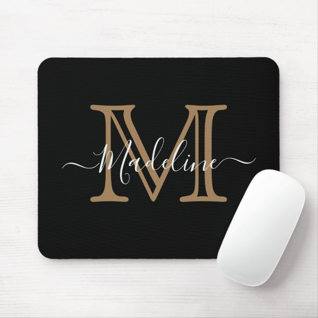 Modern Elegant Professional Black Gold Monogram Mouse Mat (With Mouse)
