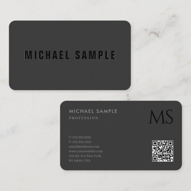 Modern Elegant Professional QR Code Monogram Black Business Card (Front/Back)