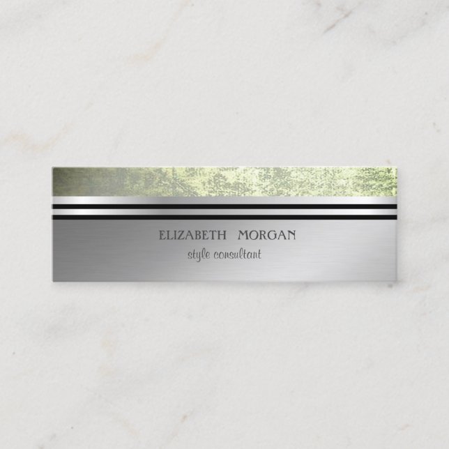 Modern Elegant Professional Silver Stripe Green Mini Business Card (Front)