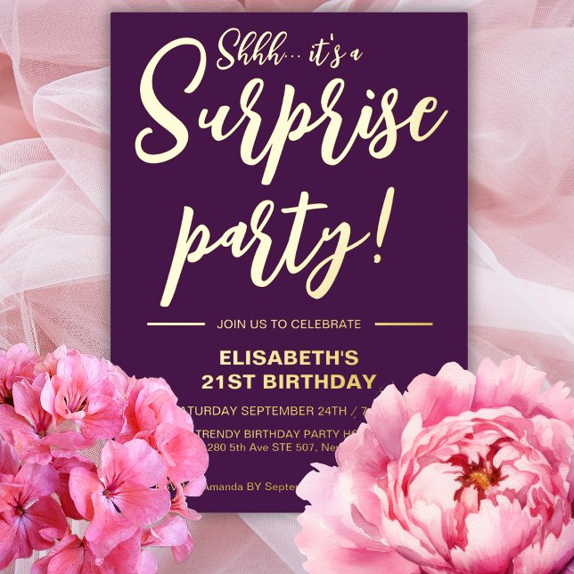 Modern Elegant Purple 21st Surprise Birthday  (Creator Uploaded)