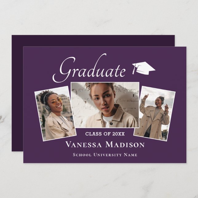 Modern | Elegant Purple 3 Photo Graduation Announcement (Front/Back)