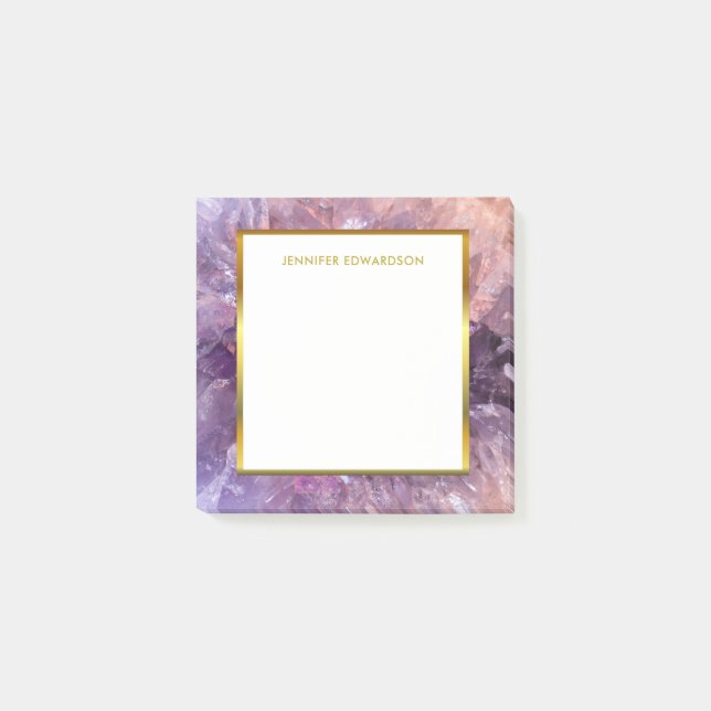 Modern elegant purple amethyst geode monogram name post-it notes (Front)