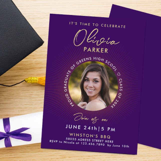 Modern Elegant Purple And Gold Graduation Photo Announcement (Creator Uploaded)