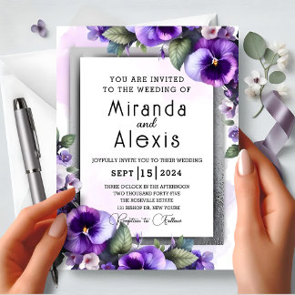 Modern , Elegant Purple and Silver Violets Wedding Invitation