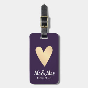 Modern Elegant Purple Faux Gold Heart Mr&Mrs Luggage Tag