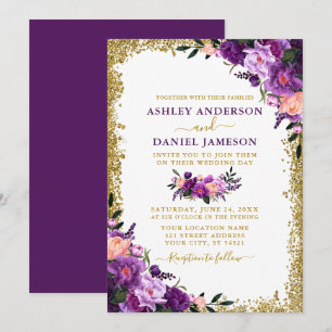 Modern Elegant Purple Floral Gold Glitter Wedding Invitation