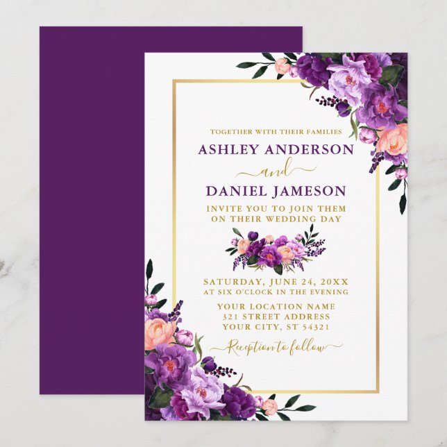 Modern Elegant Purple Floral Gold Wedding Invitation (Front/Back)