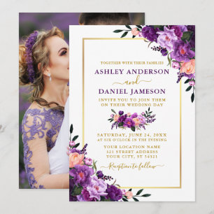 Modern Elegant Purple Floral Photo Wedding Invitation