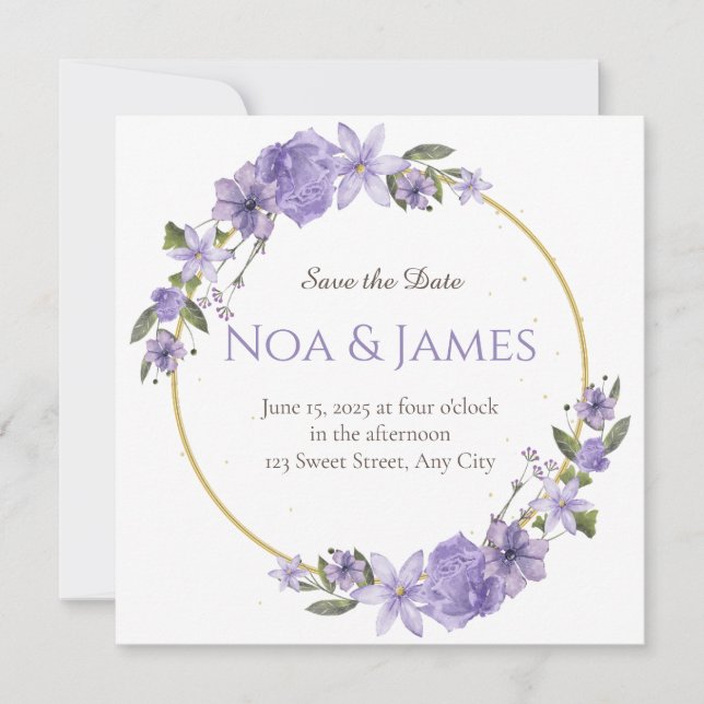 Modern Elegant Purple Floral Save the Date  Invitation (Front)
