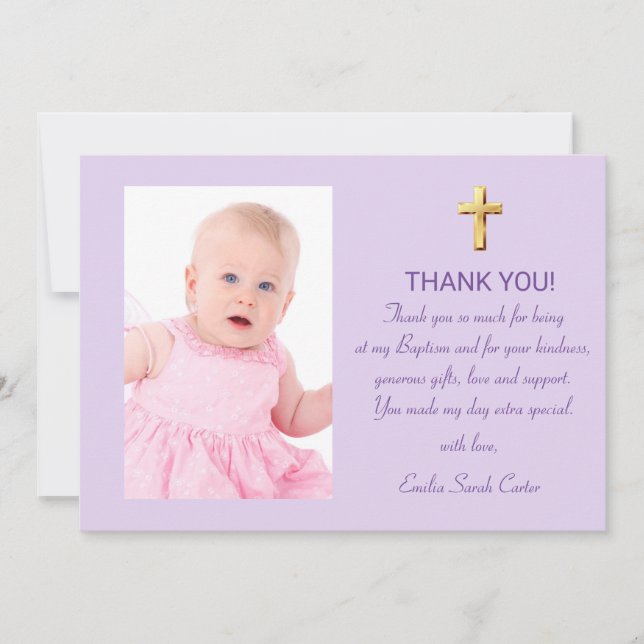 Modern Elegant Purple Gold Cross Girl Baptism Thank You Card (Front)