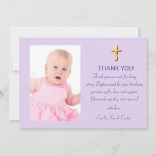 Modern Elegant Purple Gold Cross Girl Baptism Thank You Card
