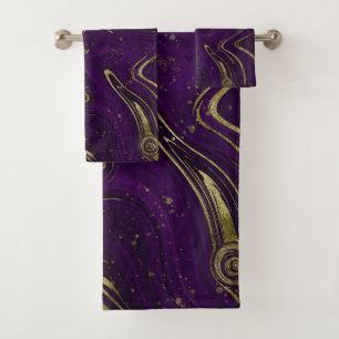 Modern Elegant Purple & Gold Marble Swirl Bath Towel Set