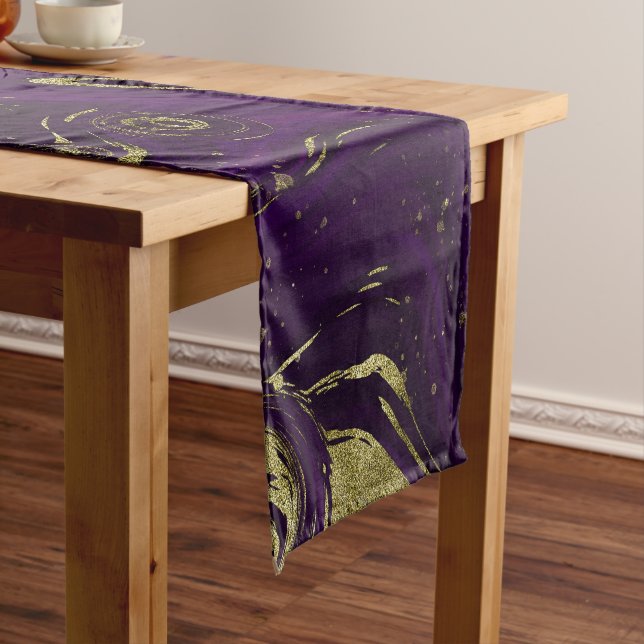 Modern Elegant Purple & Gold Marble Swirl   Short Table Runner (In Situ)