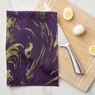 Modern Elegant Purple & Gold Marble Swirl Tea Towel