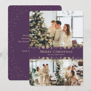 Modern Elegant Purple Gold Photo Merry Christmas Holiday Card