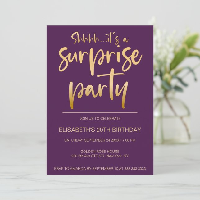 Modern Elegant Purple Gold Surprise Birthday Party Invitation (Standing Front)