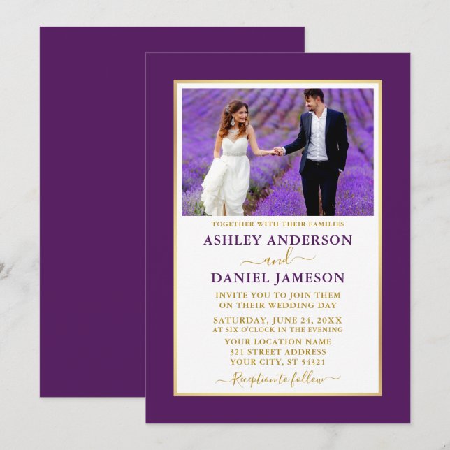 Modern Elegant Purple Gold Wedding Invitation (Front/Back)