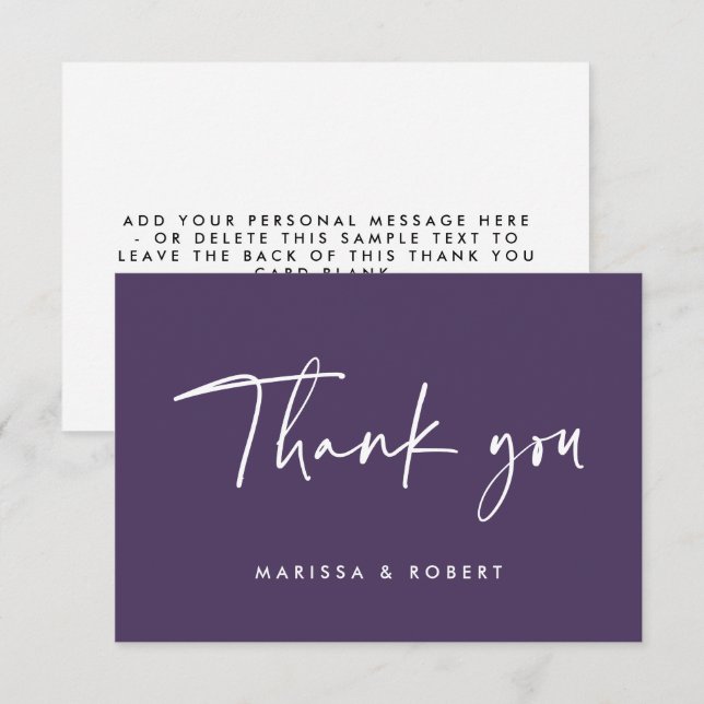 Modern Elegant Purple Handwritten Script Wedding  Thank You Card (Front/Back)
