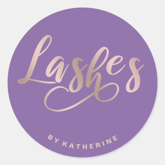 Modern elegant purple & rose gold lashes extension classic round sticker (Front)