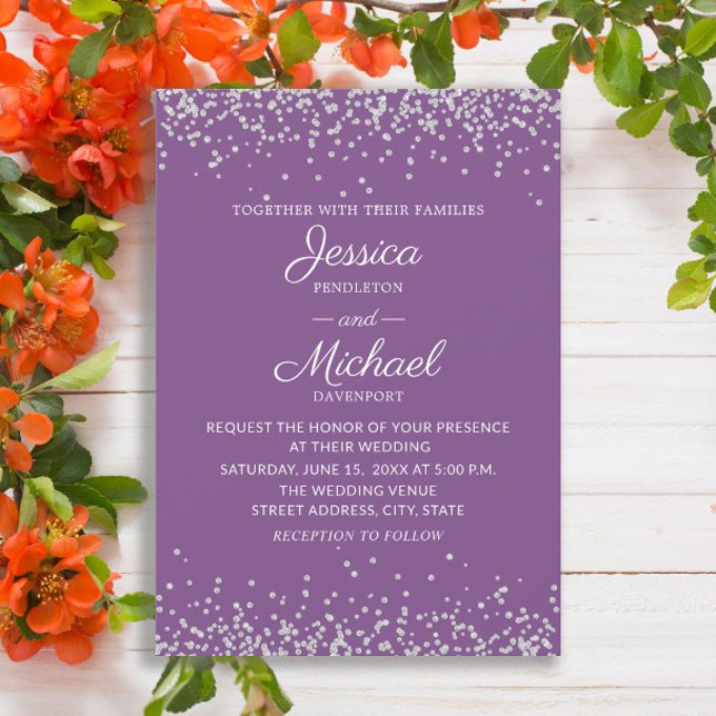 Modern Elegant Purple Silver Glitter Wedding Invitation (Elegant purple wedding invitation with silver glitter)