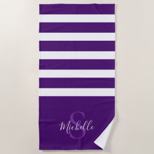 Modern Elegant Purple Simple Striped Monogram Name Beach Towel
