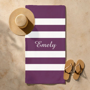 Modern Elegant Purple Stripes Pattern Name Beach Towel