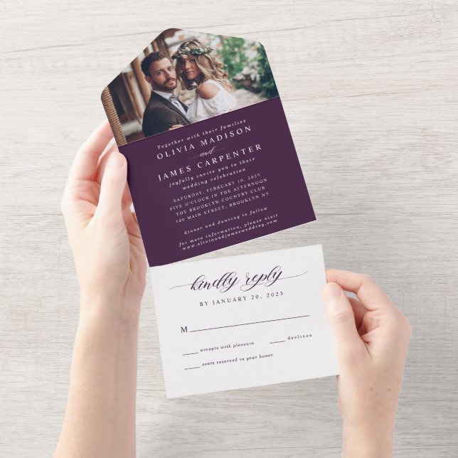 Modern Elegant Purple Violet Photo RSVP Wedding All In One Invitation (Tearaway)
