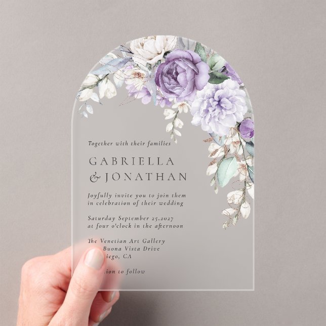 Modern Elegant Purple Watercolor Floral Wedding Acrylic Invitations (Insitu (Handheld))