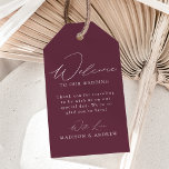 Modern Elegant Purple Wedding Welcome Gift Tags<br><div class="desc">These elegant calligraphy wedding welcome gift tags are perfect for both casual and formal weddings. The design features a modern white calligraphy script with a purple background or colour of your choice. Personalise the purple wedding welcome gift tags with a short welcome message, your names, etc. The minimalist wedding gift...</div>