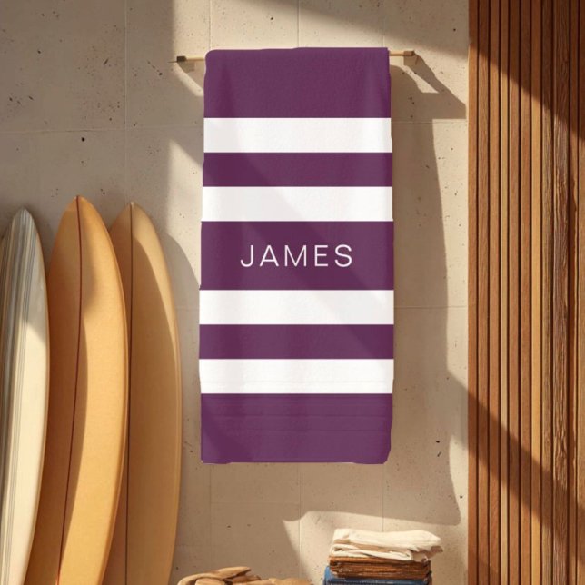 Modern Elegant Purple White Stripes Pattern Name Beach Towel (Modern Elegant Purple White Stripes Pattern Name Beach Towel)