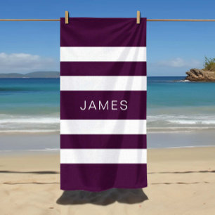 Modern Elegant Purple White Stripes Pattern Name Beach Towel