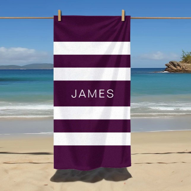 Modern Elegant Purple White Stripes Pattern Name Beach Towel (Modern Elegant Purple White Stripes Pattern Name Beach Towel)