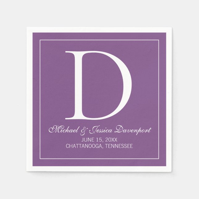 Modern Elegant Purple White Wedding Monogram Napkin (Front)