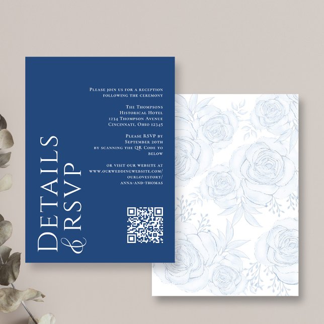Modern Elegant QR Code RSVP Details Blue Floral Enclosure Card (Modern style Wedding Details and RSVP enclosure card with QR Code)