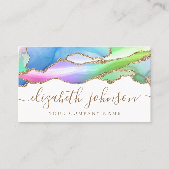 Modern Elegant Rainbow Gold Glitter Agate Marble Business Card (Front)