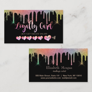 Modern Elegant Rainbow Hearts, Black Drips  Loyalty Card