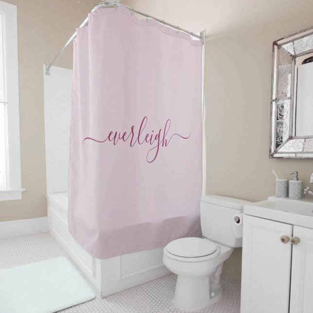 Modern Elegant Raspberry Script Name Blush Pink Shower Curtain (In Situ)