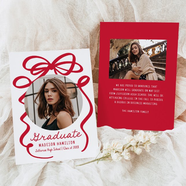 Modern Elegant Red Bow 2 Photo Graduation Announcement (Creator Uploaded)