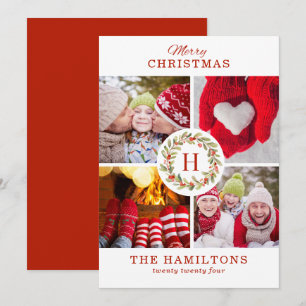 Modern Elegant Red Five Photo Christmas Collage Holiday Card